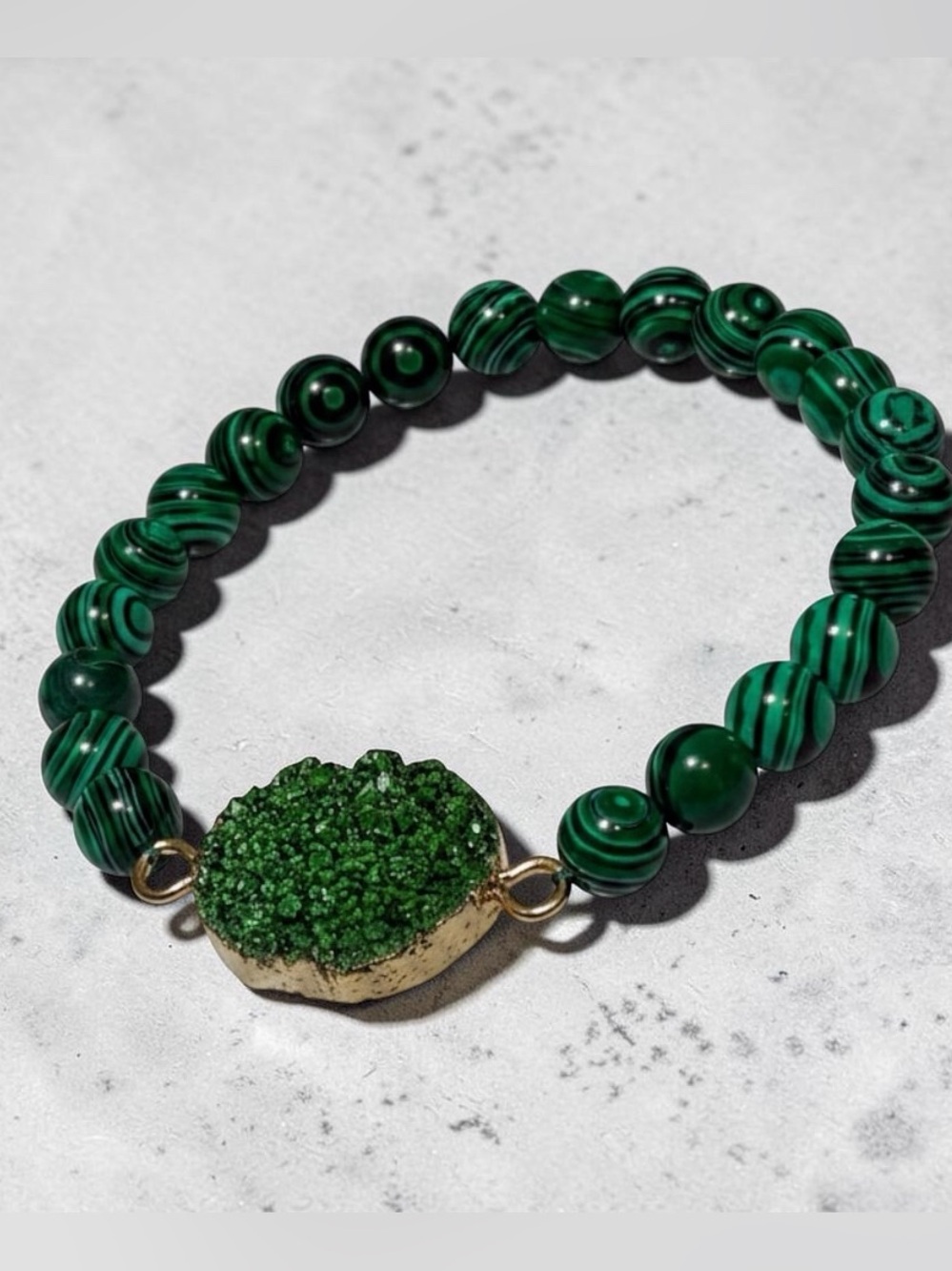 Green Malachite Beaded Bracelet with Druzy Geode